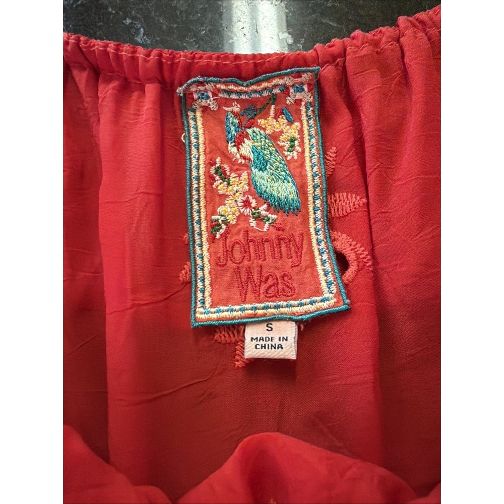 Johnny Was Red Blouse Eyelet Embroidered Elastic Sleeve Ruffled S Off Shoulder - Picture 5 of 10